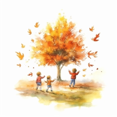 watercolor style, realistic autumn scenery, kids throwing leaves under the autumn tree, kids close up, clipart, isolated on white background, 4K