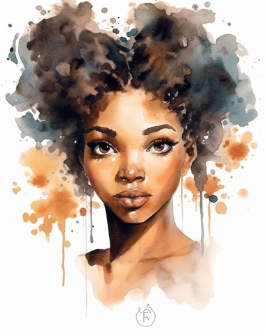 a melanin young girl portrait in watercolor Disney style clipart on white background, hugh eyes, sarah kay, holly hobbies, valentines day