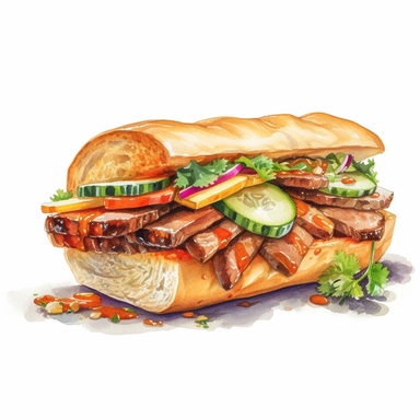 watercolor, hyper realistic, white background, white margins, 16k, ultra detailed clipart, cut out image, hand-drawn Vietnamese banh mi sandwich with grilled pork, pickled vegetables, cilantro, and mayonnaise, served on a crusty baguette, with a cup of Vietnamese iced coffee on the side, in the style of nightcore, multilayered realism, ricoh ff-9d, light gray and light brown, mushroomcore, dark red and green, heavy shading