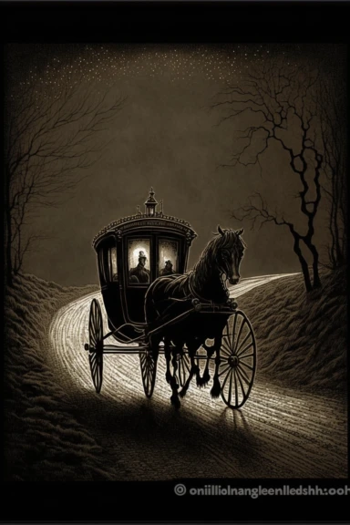 clipart of brown carriage drawn by horses in the distance on winding road on black background, Eerie magazine, Edward gorey, John William Waterhouse, beksinski