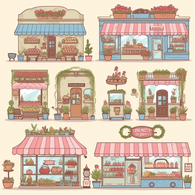 grocery store, flower shop, bakery, ice cream shop, cafe graphic clipart in one photo