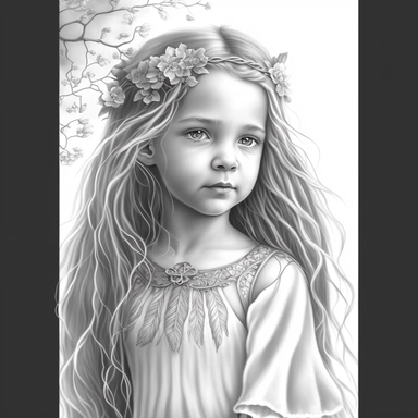 boho little girl, princess aurora, portrait, pose, very detailed and realistic, greyscale, clear image, withe background, clipart style