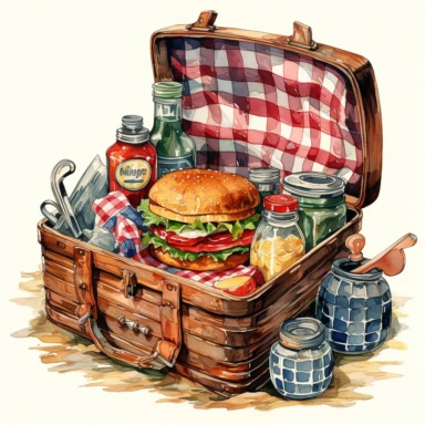 A picnic basket filled with classic American foods on a checkered blanket, isolated on a white background, watercolor, abstract expressionist style, clipart,