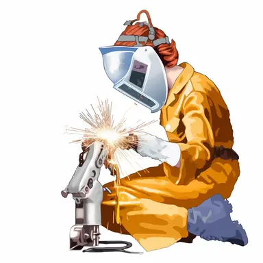 Just clip art of a female welder wearing a crown, creating a welding arc between the crown and her welding torch, No Black background, White background only