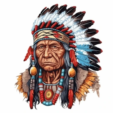 Cute Beautiful Native American Village Chief Sublimation Clipart, Cartoon, hyper realistic, intricate detail, illustration style, high solution, on the white background
