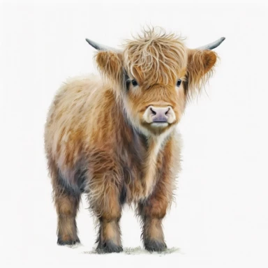 Full body of baby highland cow, no ground, watercolour, light colours, clipart, really cute, adorbale, absolutely nothing in the background just a white plain background, long hair