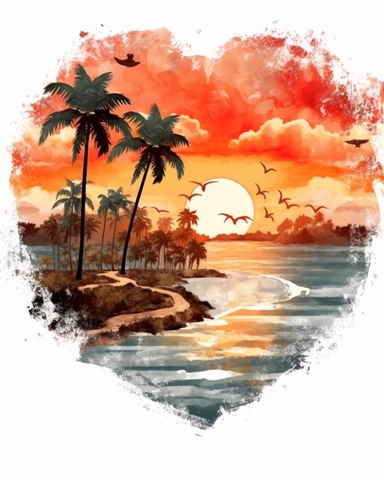 Retro Heart Beach Sunset Watercolor Clipart, Watercolor Beach Sunset in a Heart Shape Clipart, Beach Clipart, sand, starfish, Watercolor Clipart, highly detailed, white background 8k