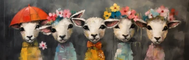 a row of cute miniature lambs, a collage of mixed media art made with tissue paper, magazine and newspaper clippings, oil paint, graphite pencil lines and fabric, in the style of playful surrealism, whimsical, washi tape