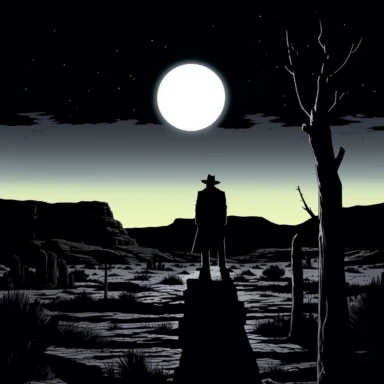 ART_STYLE: Noir Comic Book ARTIST: Frank Miller BACKGROUND_SCENERY: A desolate Western landscape with an imposing butte silhouetted against the moonlit sky. The shadows are deep and mysterious, creating an eerie and foreboding atmosphere. EMOTION: Tension, Danger IMAGE_TYPE: Digital Comic Illustration RENDER_ENGINE: Clip Studio Paint RENDER_CONFIGURATION: Inking, Cross-hatching, Dramatic Lighting IMAGE_STYLE: Dark, Gritty RESOLUTION_IMAGE: 4000x3000 SCENE: In the moonlit night, an irate cowboy w