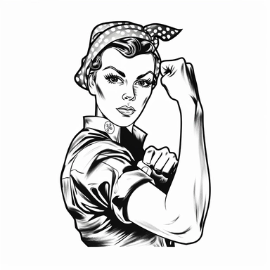 Rosie the Riveter, black and white clipart, perfect fist, no watermarks, vector quality, blank white background, highly detailed