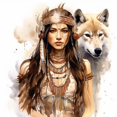 native american princess, whole body, with animal, fearless, fun, hyper-realistic painting, intricate details, watercolor, beautiful, clipart, white background