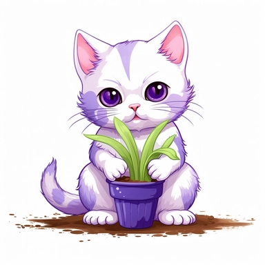 Clipart of a cute cat planting Crocus kawaii style full multicolor white background