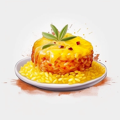Risotto alla Milanese: Saffron-infused rice dish, often served with osso buco, watercolor clipart illustration, flat blank transparent background, food photography, soft cinematic lights, juicy, bright, high quality, ultra detailed, 32k