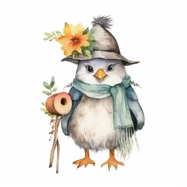 a Cute Happy Penguin in the style of Watercolor Kate Greenaway Clipart, White Background