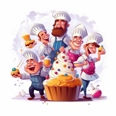 Confectioner chef composition with team of cartoon style cook characters making cupcakes from flour and dough vector clipart