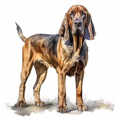 bloodhound watercolour paintingstanding realistic yet stylized, digitally enhanced, clipart, 32k uhd, detailed crosshatching white background