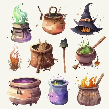 halloween broomsticks and cauldrons. some cartoonish design and some watercolor. and some of both. white background. no tags. CLIPART!!
