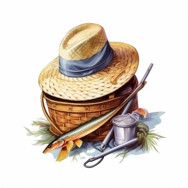 fishing basket And Hat Sublimation Clipart,Cartoon,hyper realistic, intricate detail, illustration style,high solution,on the white background