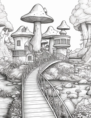 coloring book page, isolated images, illustrations on a white background, Enchanted Forest, waterfall, mushrooms, castle, Clipart, Fairy Forest, greatest for coloring , coloring book page, realistic, bridge, isolated, fussy cuts, highly detailed, hdr, 32K, photo expert quality, coloring book page, realistic, hyperrealistic and highly detailed, isolated on a white background