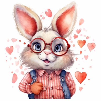 watercolor clipart, funny bunny in glasses, childlike innocence and charm, big and adorable in love eyes, cute and charming expression, funny and floppy ears, rosy cheeks, shy bunny, foreboding colors, valentines day themed cute, lovely hearts around the bunny