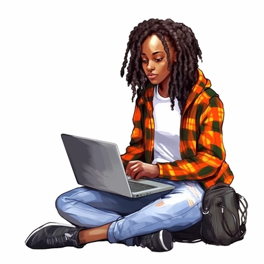 Black girl working on a laptop, cool hacker clothes, dreads, watercolor style, clipart solid white background