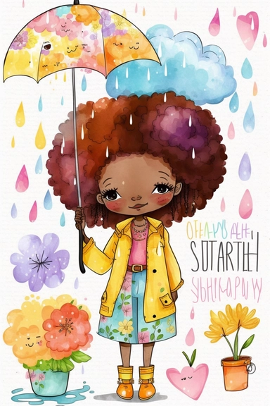 2d watercolor clipart kawaii, bright coloful, characters of beautiful african american woman, april showers, asymmetrical,