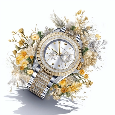 clipart, a diamond silver rolex watch on top of flowers, solid white background, in the style of ethereal illustrations, mende art, kimoicore, romantic emotivity, nouveau réalisme, rich and immersive, soft color, wedding theme, expensive, double tone effect, yellow and gold, wedding theme