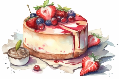 watercolor Strawberry and cream cheescake clipart, hd, on white background, spaced out