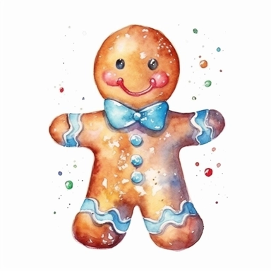 watercolor style, Gingerbread man: A cookie shaped like a person, often decorated with icing and candies. clipart, isolated on white background, 4K