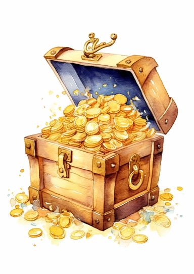 cute watercolor underwater pirate treasure chest full of gold clipart, full body, hd, on white background, spaced out