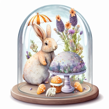 a cute bunny eating a carrot in a glass dome, patterned Easter eggs on a stand, candles and easter muffins, watercolor effect, realistic figures , kids story style, soft colored view , fantastic scene, small colored flowers and lavender , white background , suitable for digital clipart