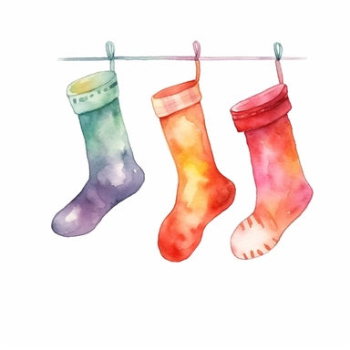 watercolor style, hanging Christmass socks, clipart,On White Backgroud