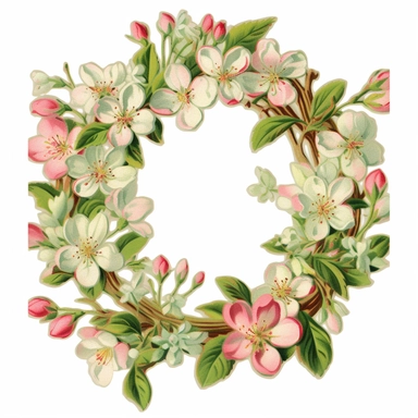 Vintage 1920 Apple Blossom Oval Floral Wreath Illustration, Chromolithograph, Die Cut, 1920s Illustration, Vintage, Chromolithograph, Colorful, Antique, Ephemera, Clipart, 8k, Isolated on white