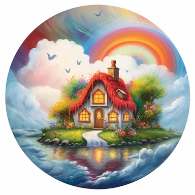 painting of a heart with rain clouds and a rainbow and a cottage inside of it, in the style of enchanting realms, nature-inspired installations, bloomcore, mesmerizing colorscapes, skillful, fluid and organic, cottagecore, clipart, blank white background