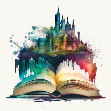 Clipart, Mythical Watercolor Castle Emerging from an Open Book, no background, hd