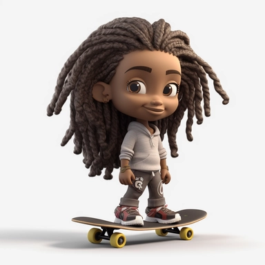 Black girl 3d clipart, chibi 3d, with Dreadlocks, skateboarding, white background, vector style, octane render, 4k, ultra detailed