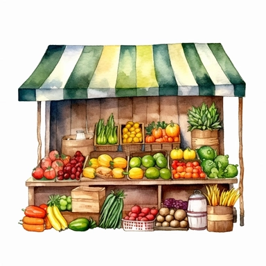 watercolor colorful clipart of a bountiful farmer's market, hd, on white background