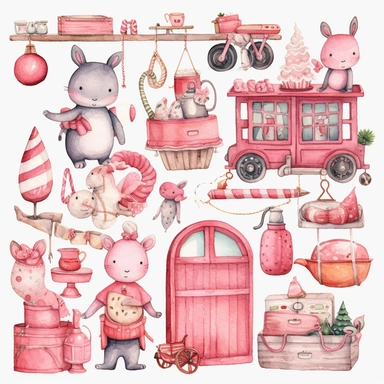 Cute Christmas toy workshop pink watercolor clipart