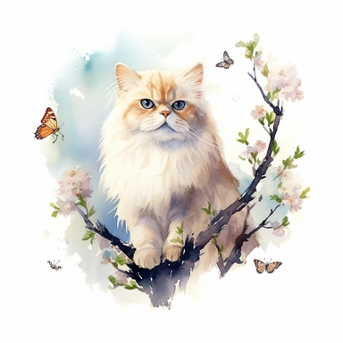 A persian cat sitting proudly on a spring branch, with a few butterflies flying, looking off into the camera, with a few spring leaves framing the scene, watercolor by Liu Yi, clipart, solid background, 8k