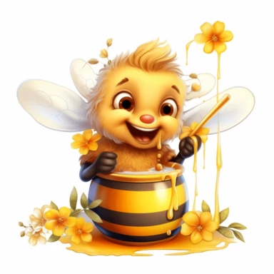 cute bee with honey pot eating honey and flowers realistic white background cartoon style Sublimation Clipart Graphic