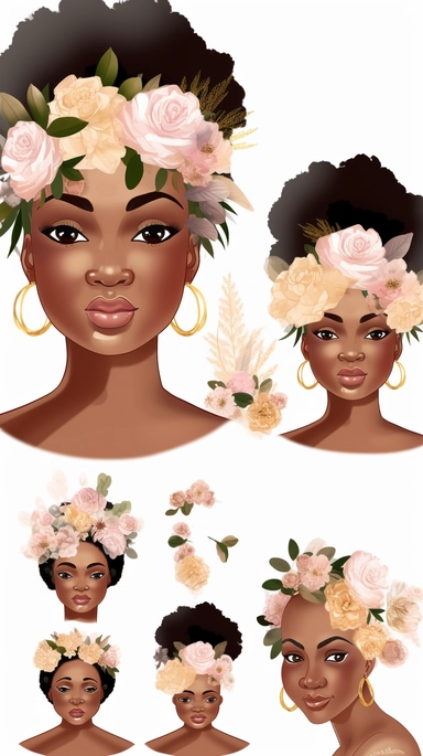 animated clipart bundle african american mother concepts, clipart bundle with beautiful flowers, beautiful faces, beautiful eyes and differential body types and skin tones, harlem Renaissance, Mother's Day White background