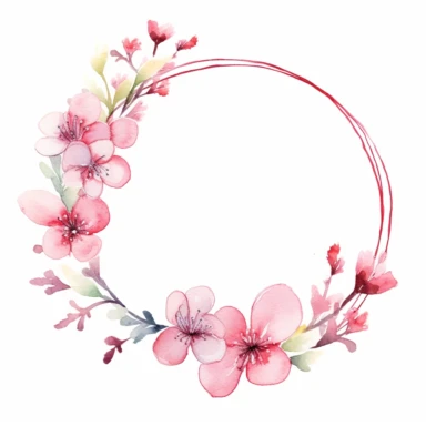 Delicate watercolor clipart showcasing a cluster of pink flowers, viewed from a bird's-eye perspective, arranged in a circular frame adorned with delicate ribbons, evoking a sense of celebration, festivity, and the joyous moments that punctuate our lives, clipart on a white backdrop.