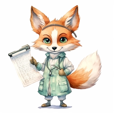 a cute watercolor clipart image with a white background, featuring a charming cute cartoon fox doctor in a lab coat, holding a medical chart