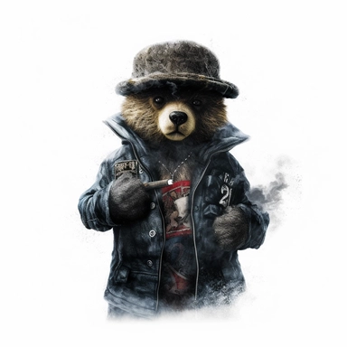 A clipart of a gangsta-inspired teddy bear with a tilted hat, smoking a cigar, white background, n the style of cyberpunk realism, chiaroscuro portraitures, street style realism, album covers, ultra hd, leica m6