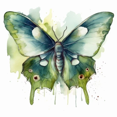 Transform the delicate beauty of the Luna moth into watercolour clipart with its ethereal green wings and graceful shape, in HD and vibrant colors on a white background.