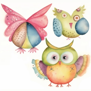 4 cute whimsical owls, simplified, doodled by a child, folk art, watercolor texture, soft brush strokes, clipart on white background, high resolution, free margins