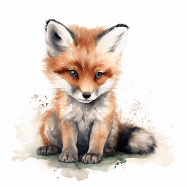 watercolour baby cute red fox Clipart, a single baby cute red fox, white background,super realistic, dreamy, Studio Ghibli,no shadows, true colors,Free-cut on an all-white background, no shadows, no typography