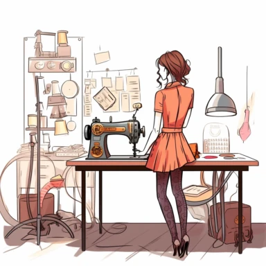 illustration, clipart, fashion designer in fashion atelier, boutique, mannequin, clothes, sewing machine, cartoon, digital illustration, 360dpi, procreate,