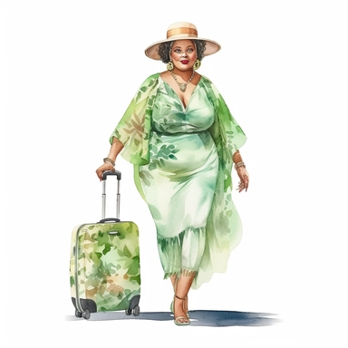 Realistic watercolor full body glamourous plus size, fat black, woman, 35 year old lady with luggage, bag, summer hat, green clothes, clipart, cozy, bright warm colors, character design, highlydetailed, full body, isolated on white background