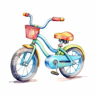 cute colorful bicycle toy clipart, for childish cards, detail, illustration style, high solution, Watercolor, on the white background, hd